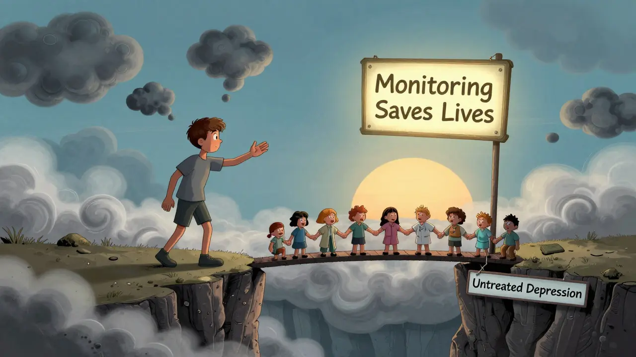 A teen reaches toward a bridge of hands as fog shaped like anxiety clears into sunrise, symbolizing hope through monitoring.