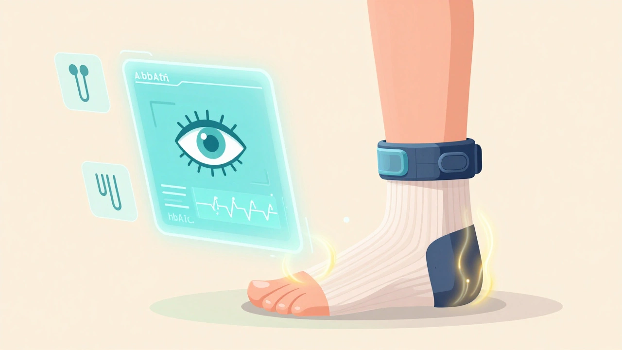 A wearable device on a foot emitting energy pulses, with AI scanning gait and medical icons floating nearby.