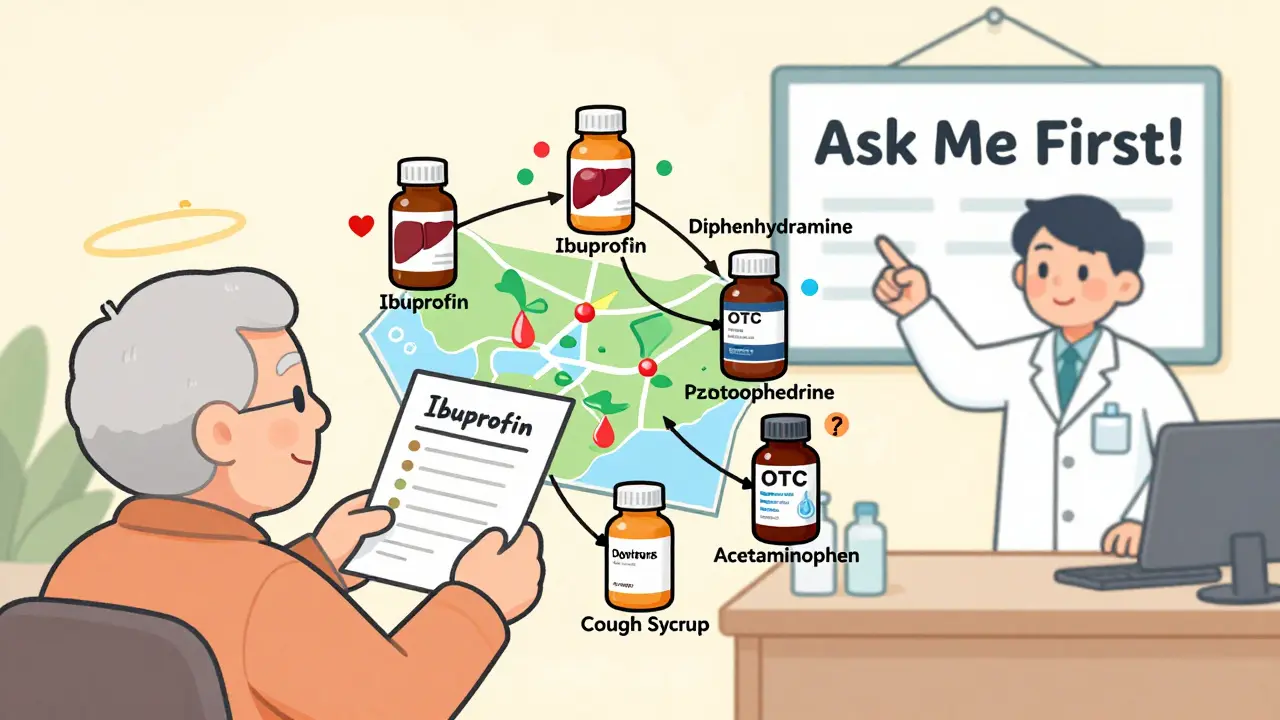 An elderly person holding a medication list with warning icons above OTC medicine bottles.