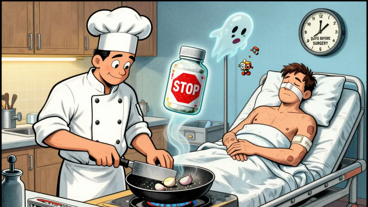 Chef cooking garlic while a ghostly supplement bottle hovers above with a 'STOP' stamp.