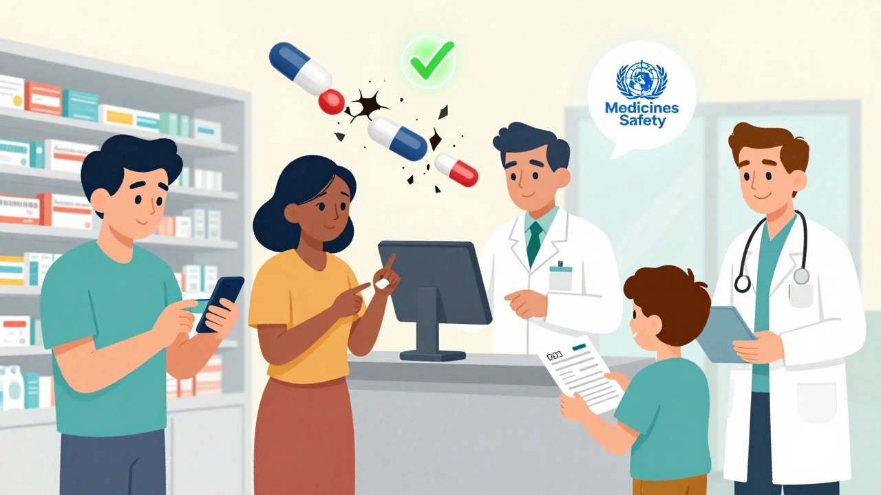 Community members and pharmacist verifying medicine with app, fake pills crumbling into checkmarks.