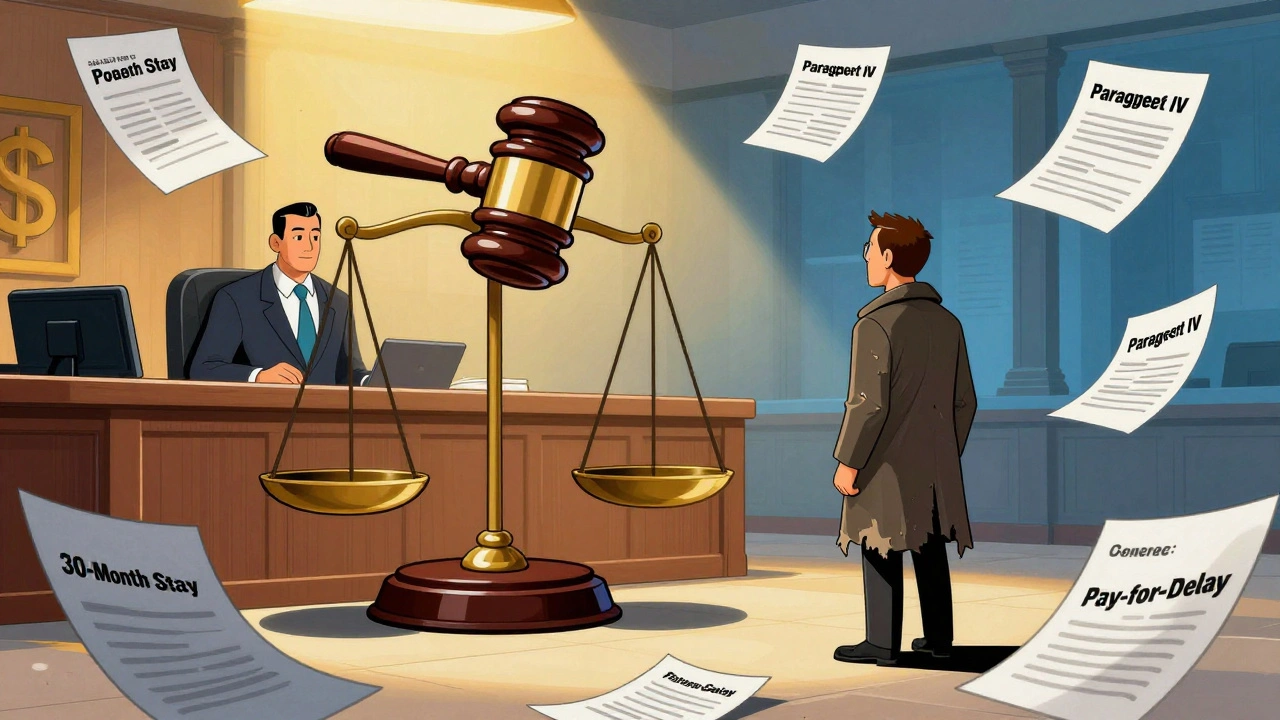 Courtroom scale tipped toward brand drug company, generic manufacturer struggling under legal documents.