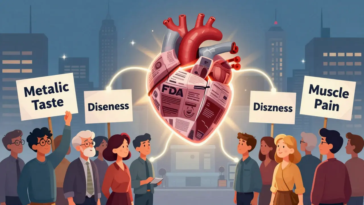 Crowd holding symptom signs connected by glowing threads to a central heart made of reports.