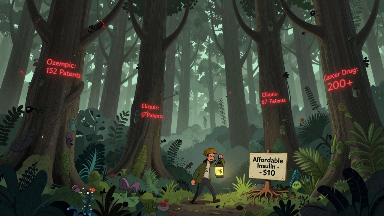 Dense forest of patent trees choking a sign for affordable insulin, explorer with lantern trying to cut through.