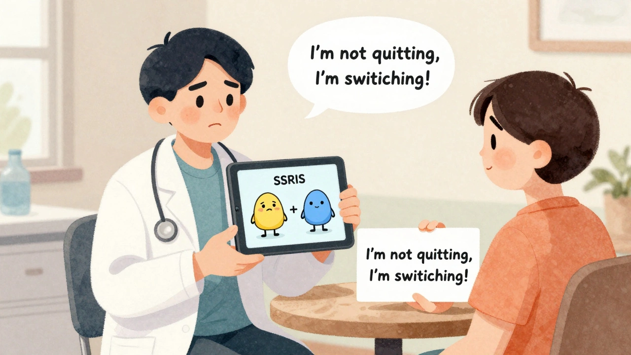 Doctor and patient discussing antidepressants, with sertraline and escitalopram as cartoon characters.