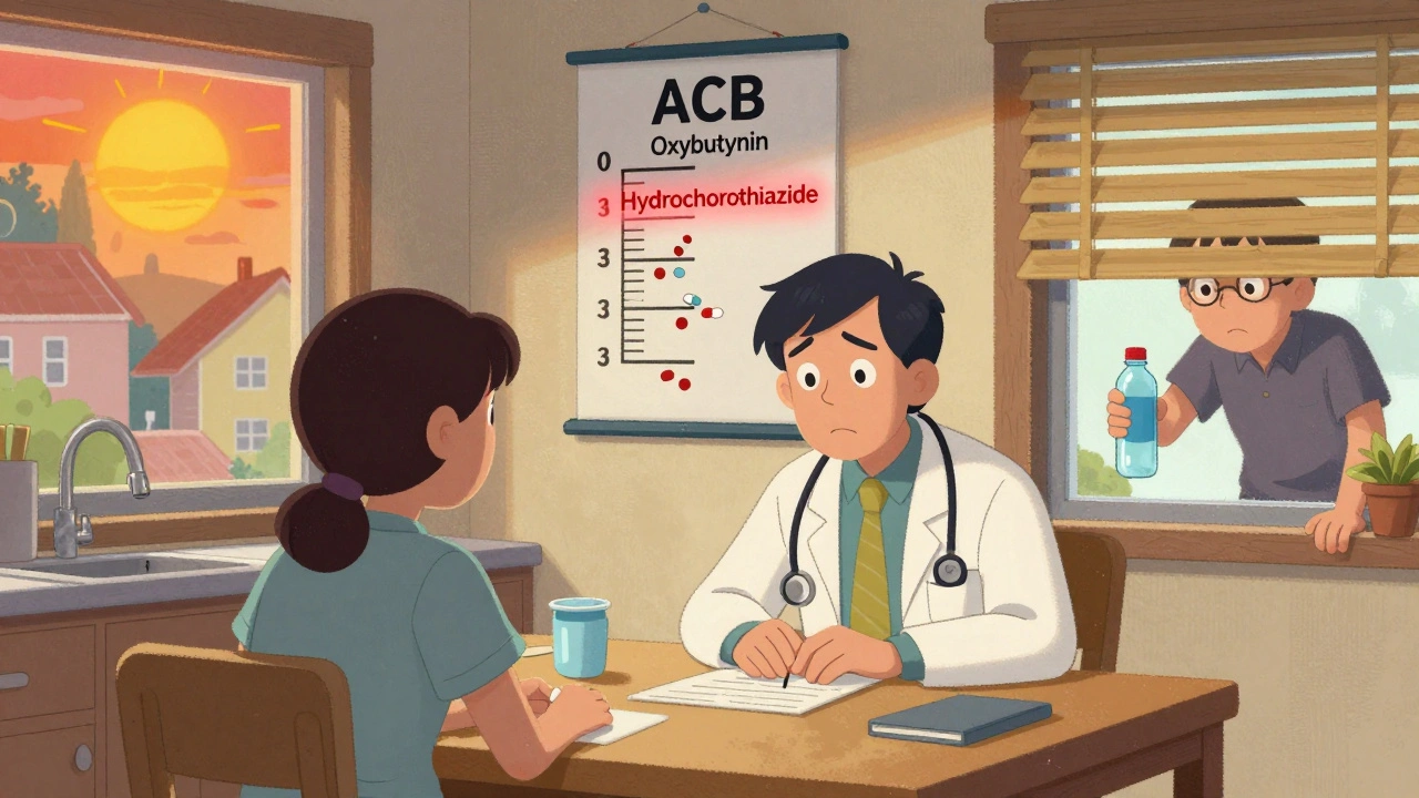 Doctor and patient reviewing anticholinergic burden scale with heatwave outside in soft cartoon style.