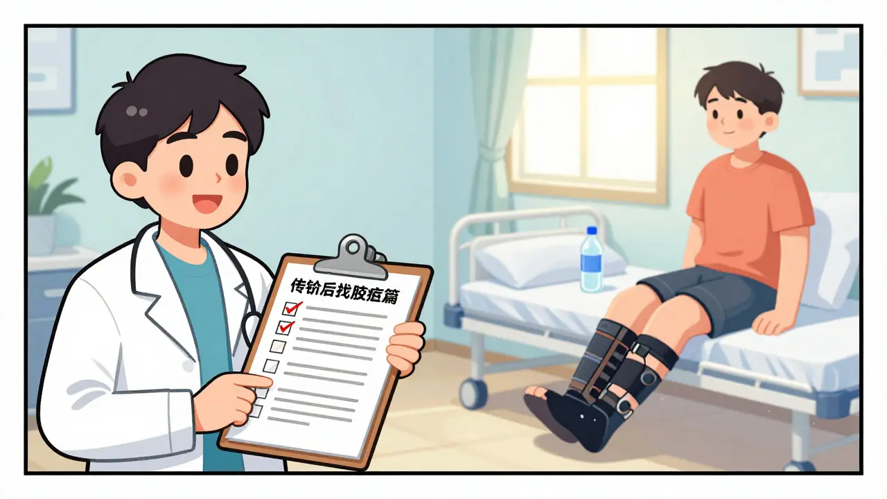 Doctor and patient together with compression stockings and water bottle, representing safe management of orthostatic hypotension.