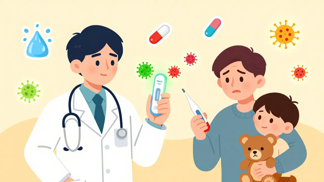 Doctor using a rapid test device while patient and child look on with medical icons floating around