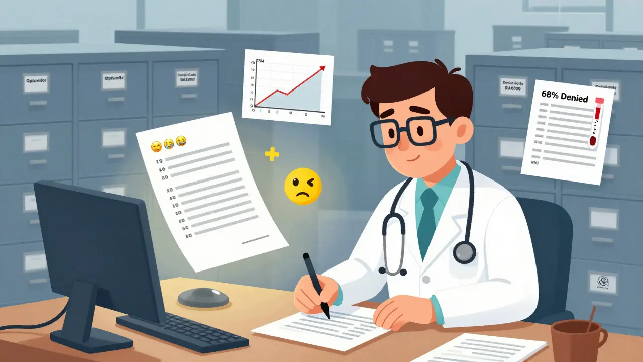 Doctor writing appeal letter surrounded by medical data and denial documents.