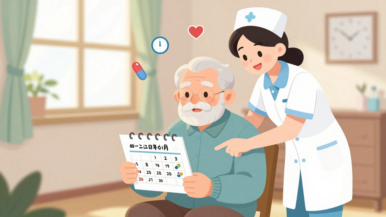 Elderly man and nurse review a paper pill schedule in a sunny living room.