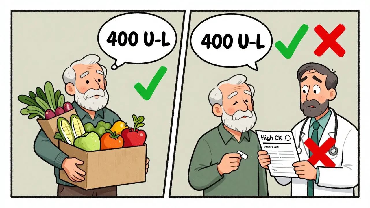 Elderly man with normal CK level before and after statin, green checkmark