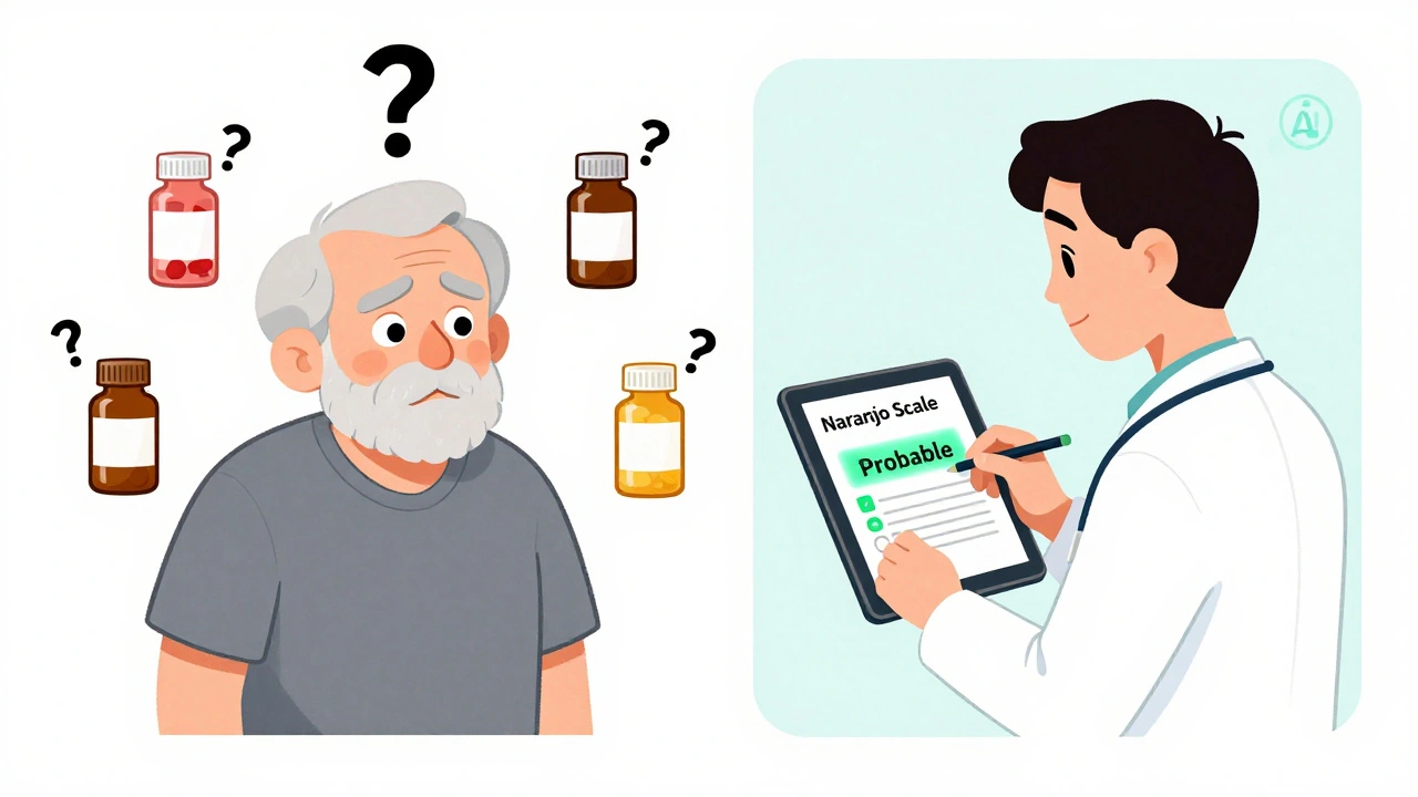 Elderly patient with multiple pills next to clinician filling out digital Naranjo form with Probable result.