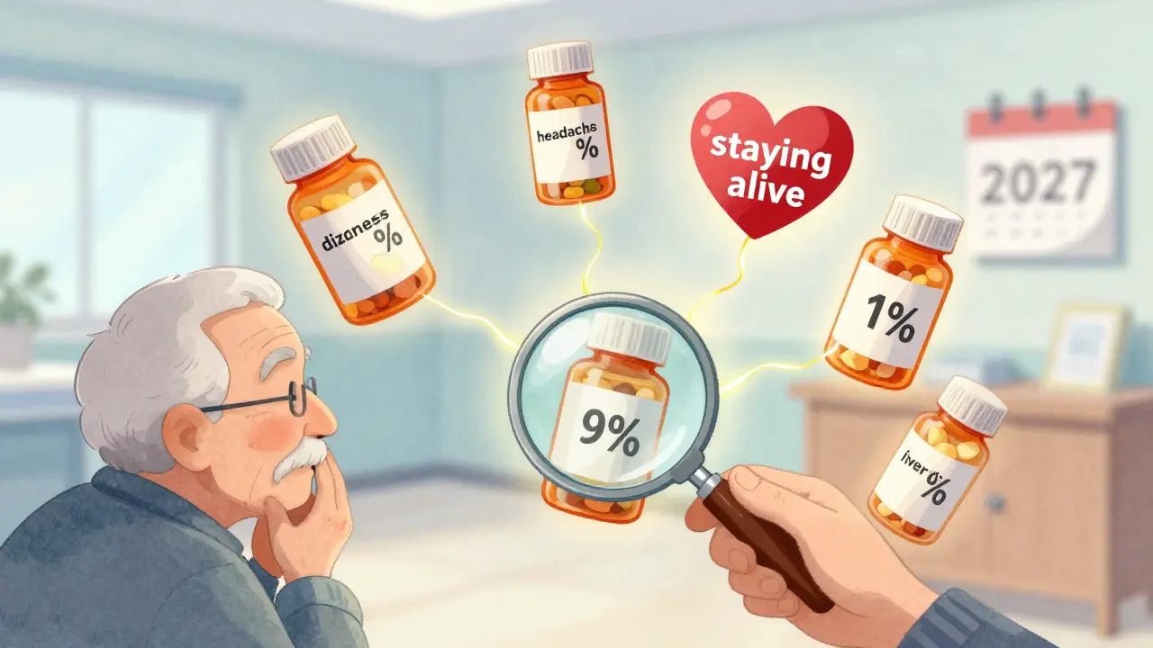 Elderly person with multiple pill bottles connected by a golden thread to a heart, showing side effect percentages.