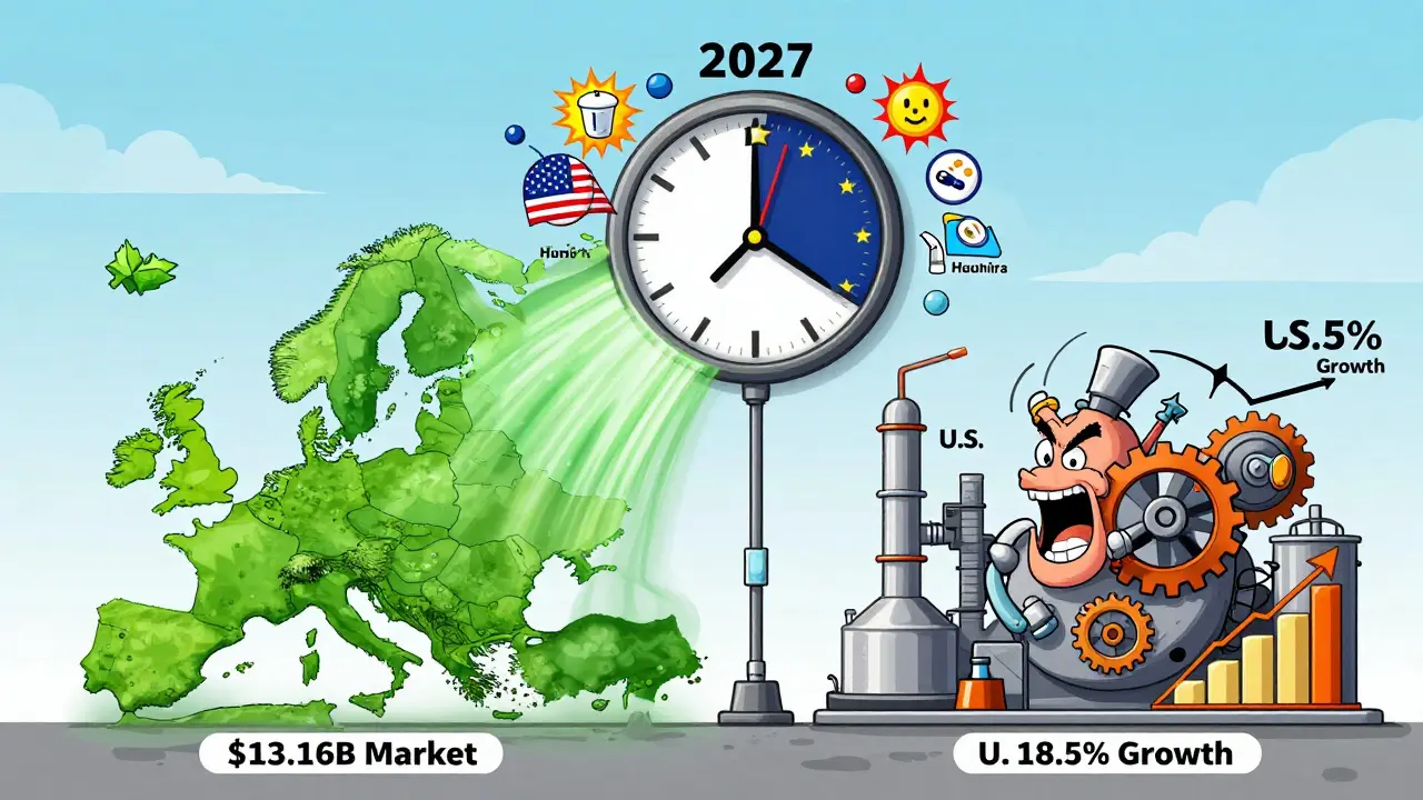 Europe and U.S. biosimilar factories racing, with U.S. catching up by 2027.