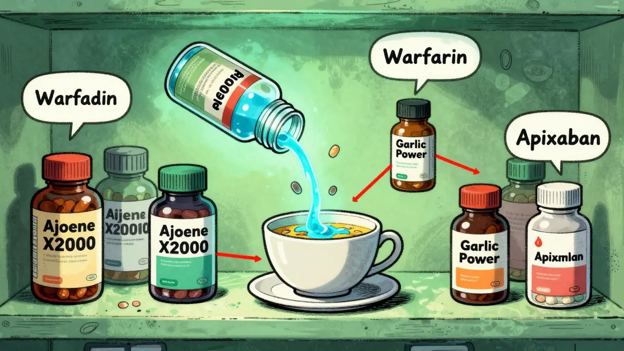 Garlic supplement bottles leaking dangerous fluid into a patient's soup, labeled with exaggerated claims.