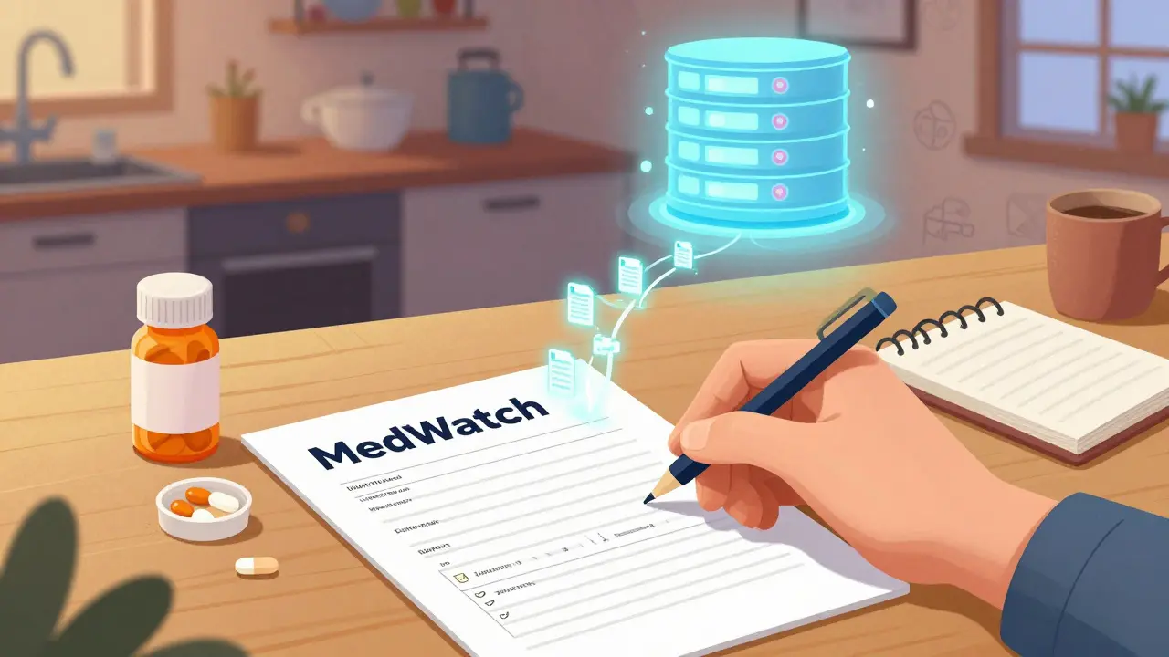 Hand filling out FDA MedWatch form at home with pill bottle and symptom notebook nearby.