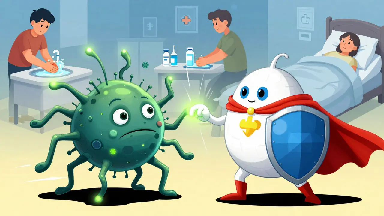 Immune system superhero fighting antibiotic-resistant superbug with people practicing prevention