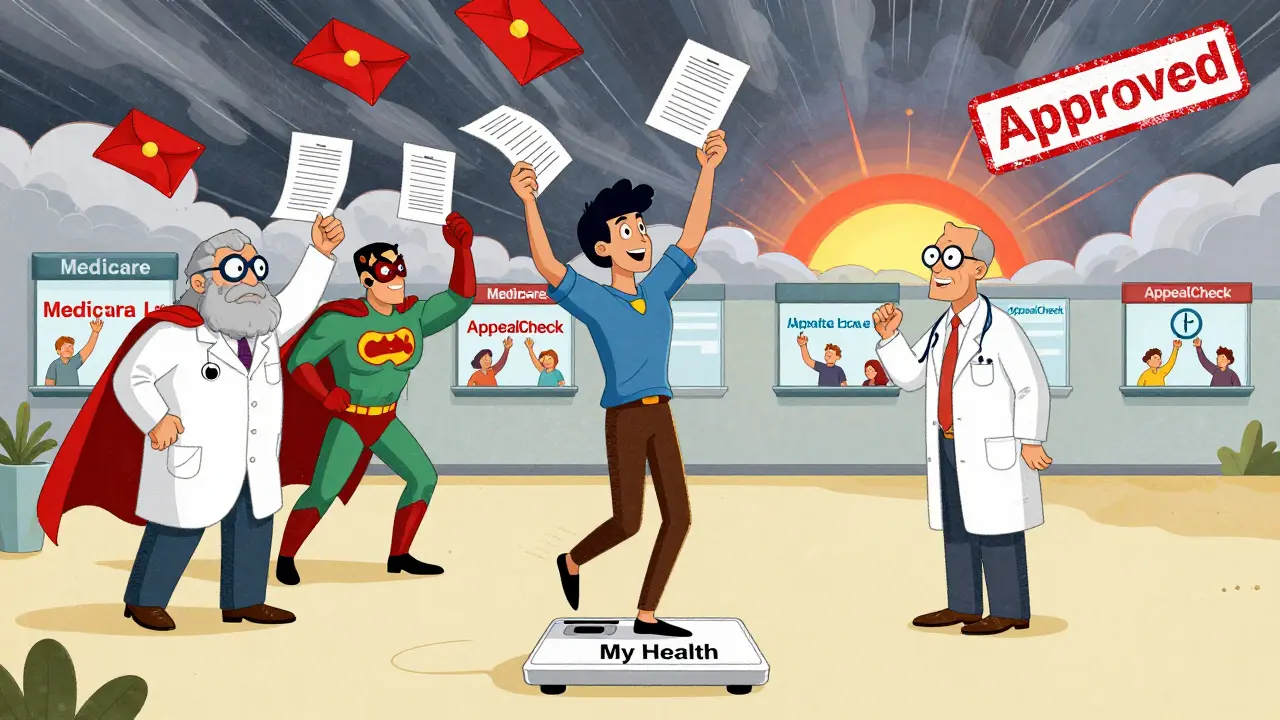 Patient being rescued by medical advocates from a storm of insurance denials.