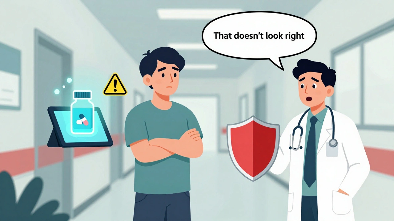 Patient confidently questions doctor about medication while AI app flashes warning.