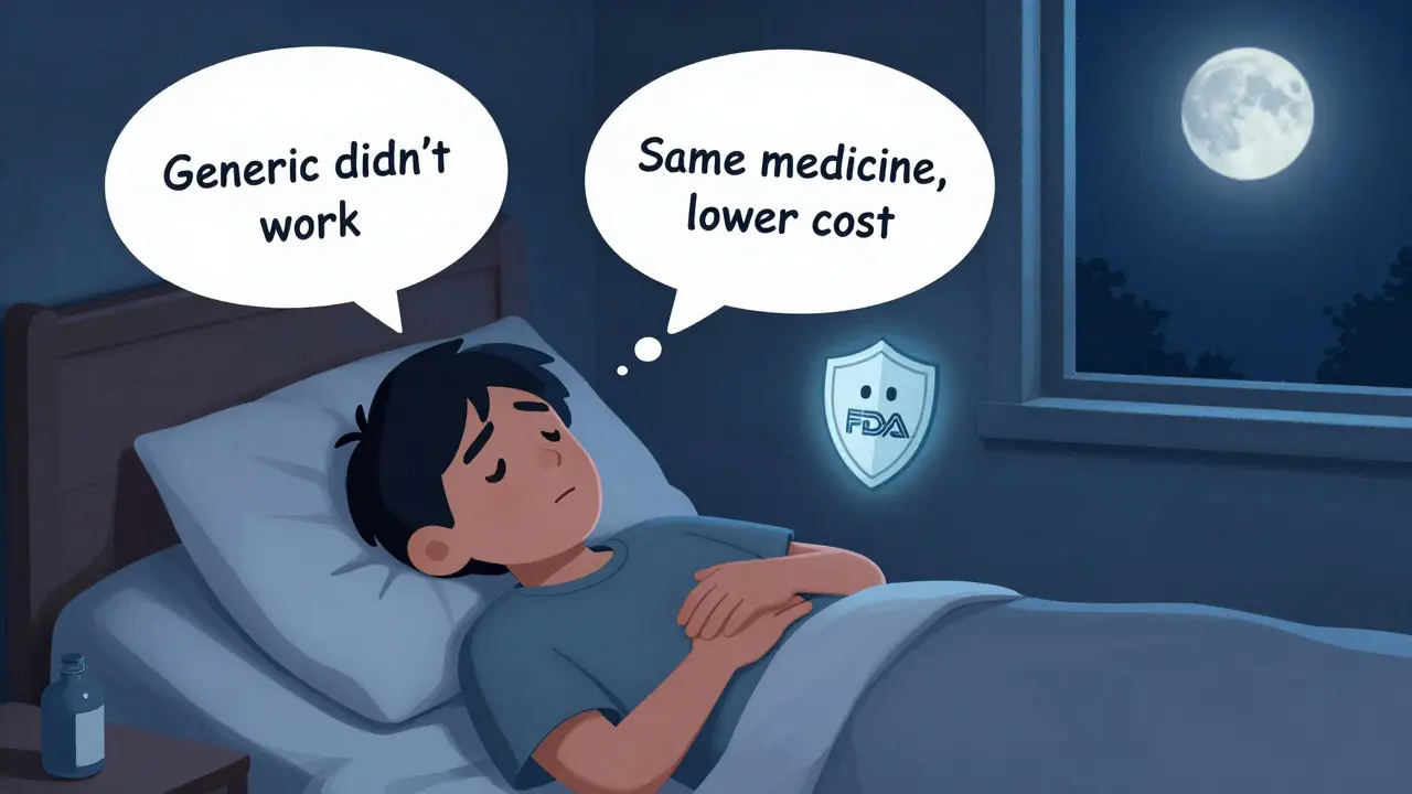 Patient in bed with conflicting thought bubbles about generic medication, calm moonlight shining through the window.