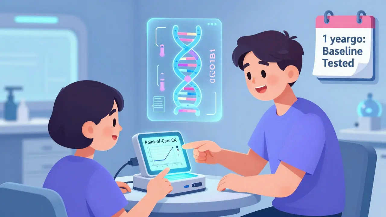 Patient using futuristic CK device with DNA hologram in medical clinic