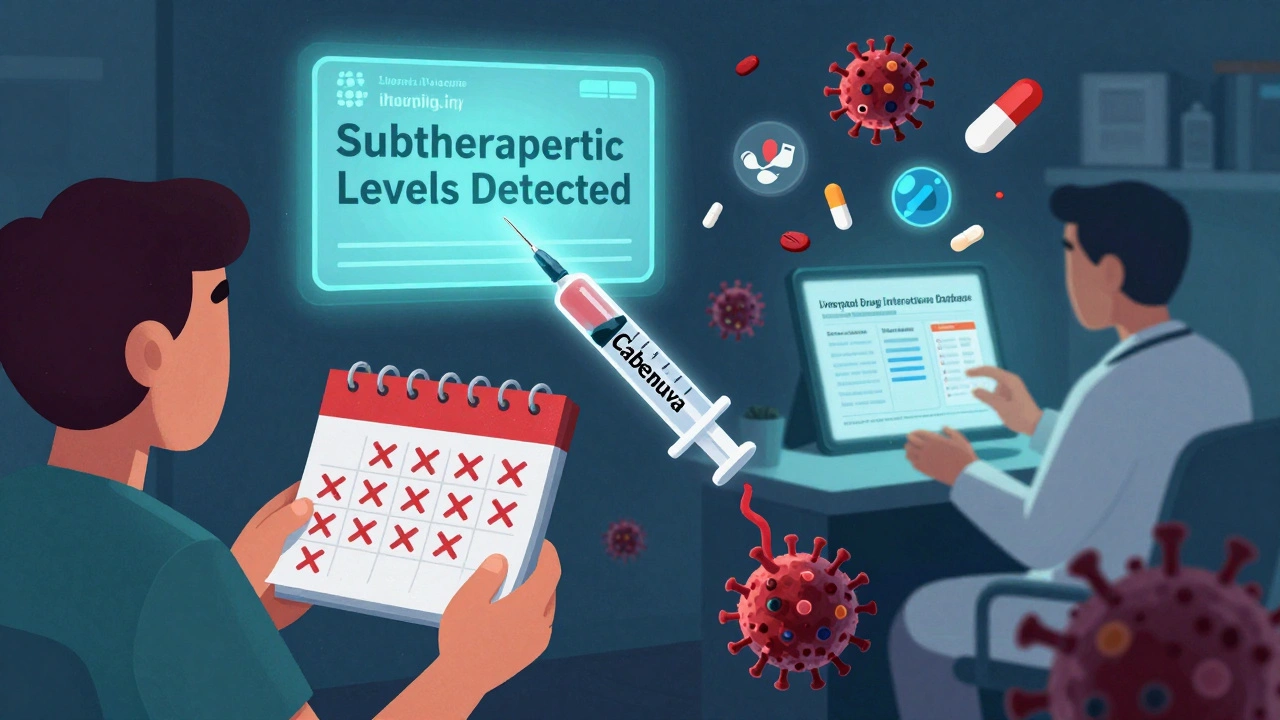 Patient with missed injection dates on calendar, shadowy mutated viruses rising from a syringe.
