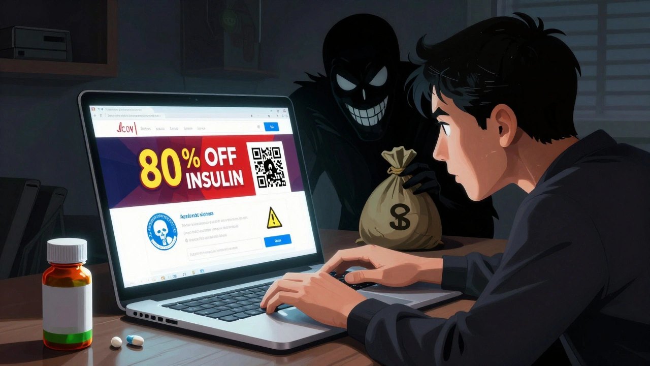 Person buying medicine online with fake discount banner, missing verification seal, fake pill beside real one.
