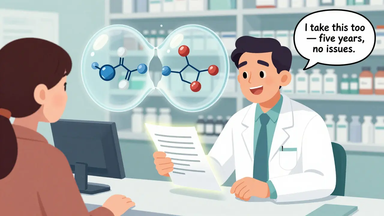 Pharmacist explaining generics to a patient, holding a glowing fact sheet, with a split pill revealing identical contents.