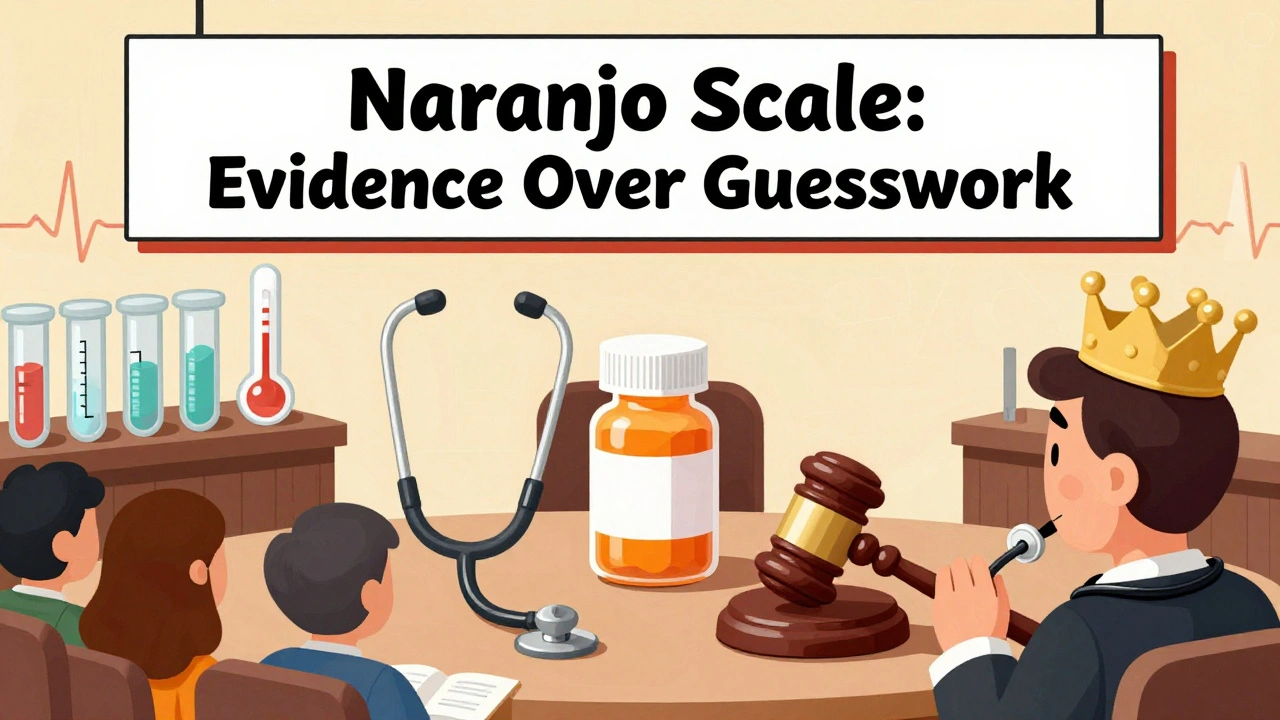 Pill bottle on trial for causing side effects, judged by medical icons in a cartoon courtroom.