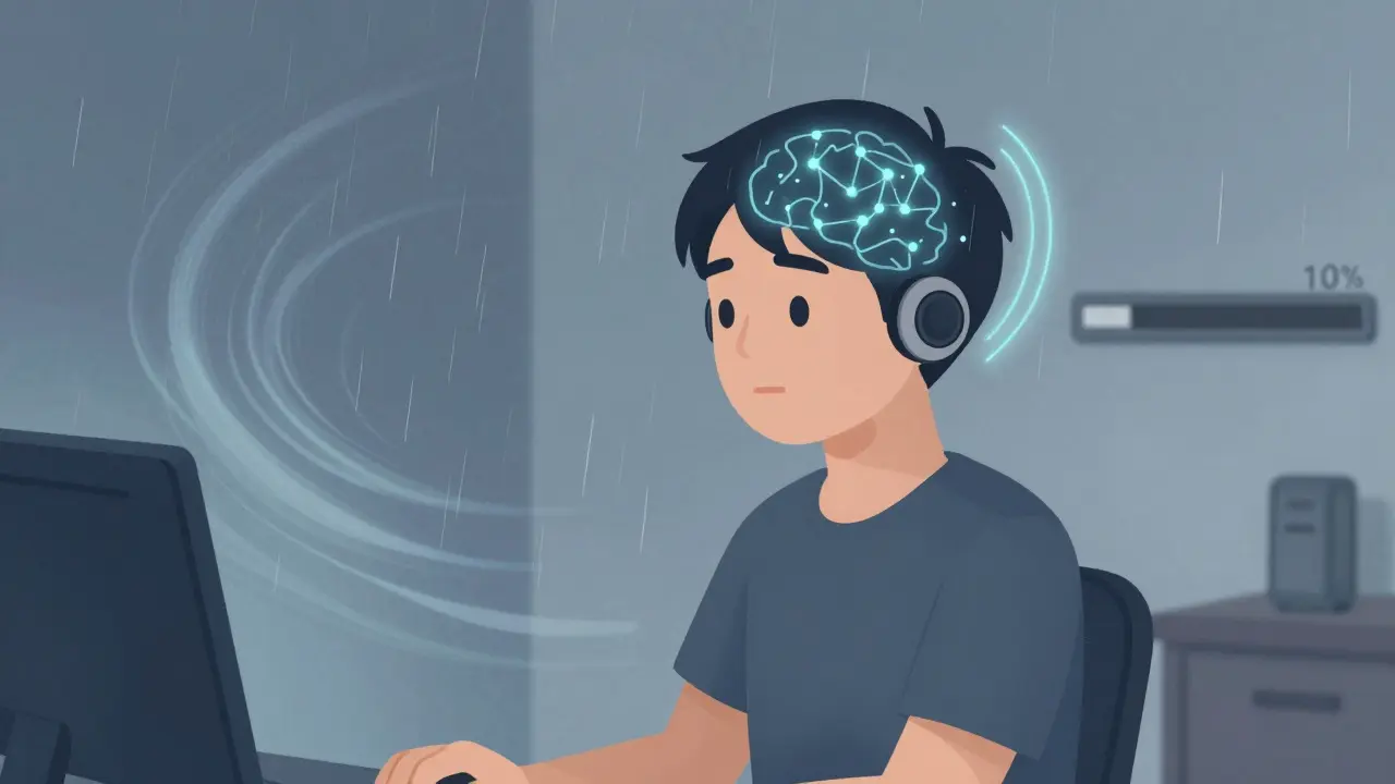 Someone wearing sound generators, calm as gentle rain-like noise patterns surround them, symbolizing therapy progress.