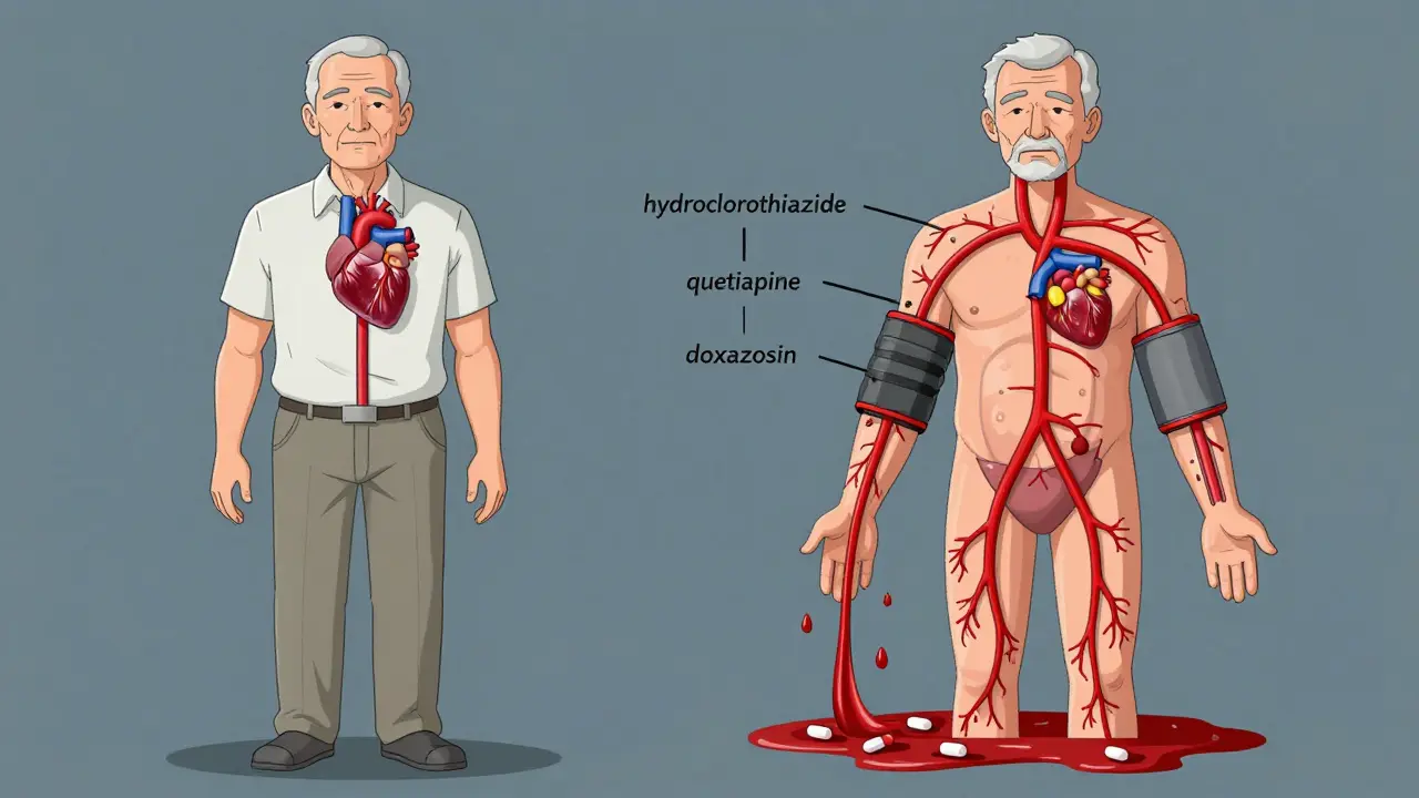 Split-body illustration showing healthy vs. medication-caused blood pressure drop when standing.