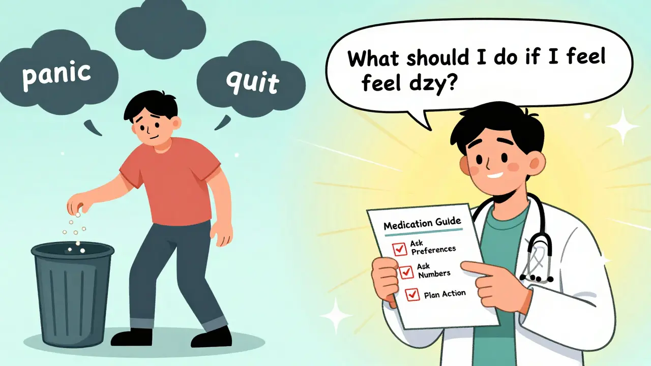 Split illustration: person throwing away pills vs. holding a medication guide with action steps.