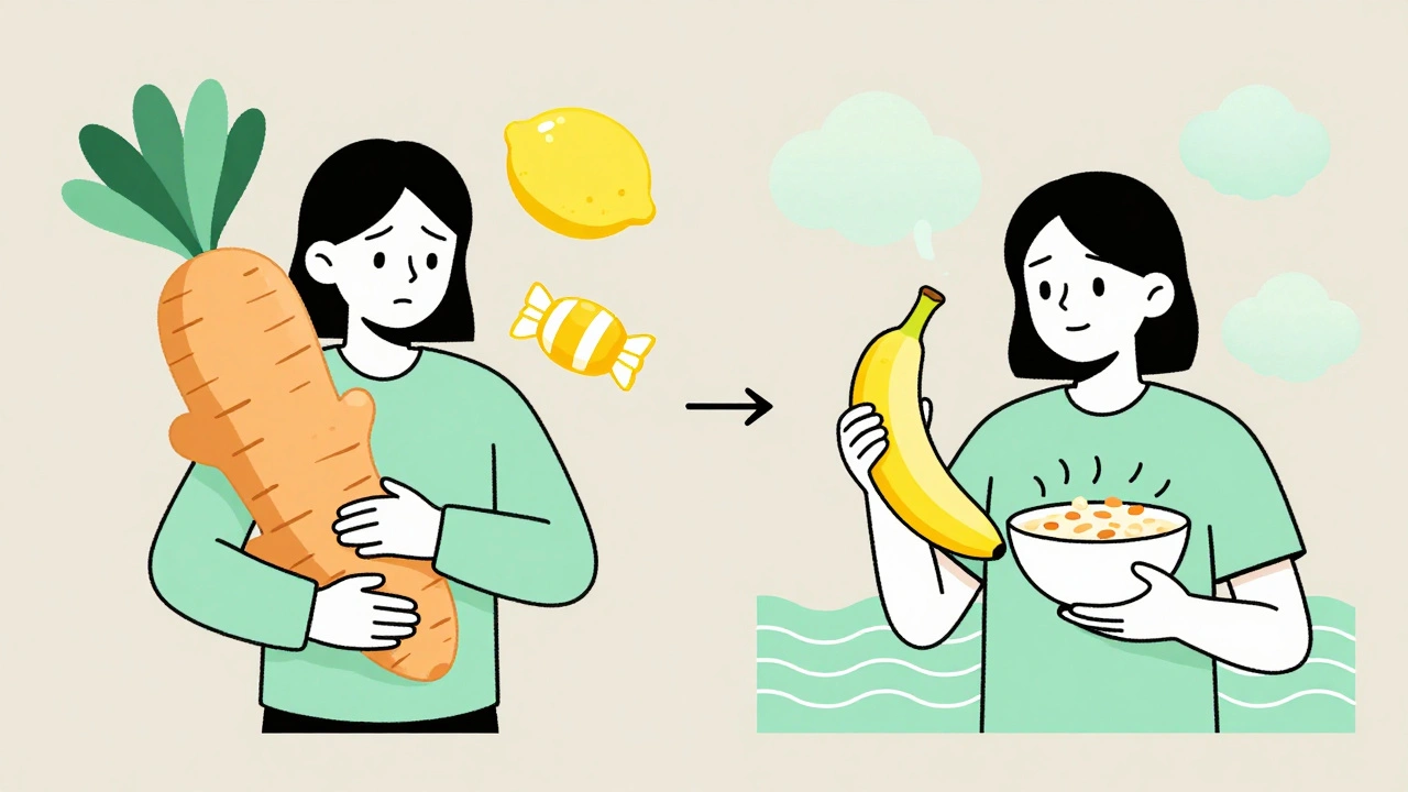 Split illustration showing person overcoming sertraline side effects with ginger, lemon candy, and healthy foods.