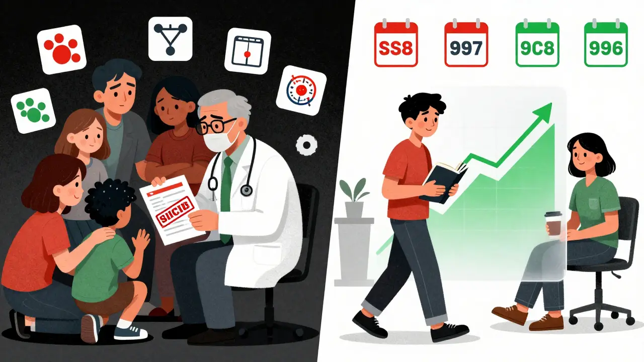 Split scene: a fearful family with a prescription on one side, the same family supporting their teen in therapy on the other.