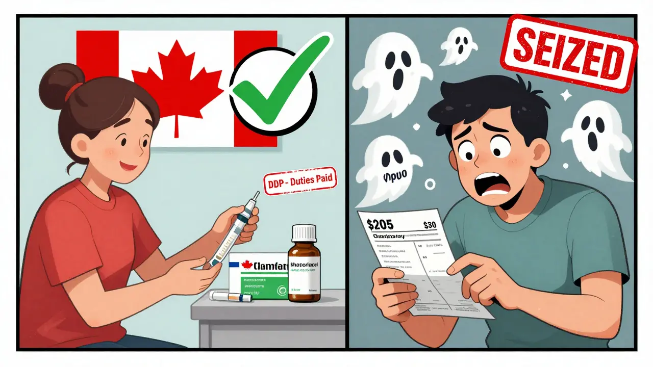 Split scene: one person happily receiving insulin from Canada with duties paid, another horrified by a 5 bill for the same medicine.
