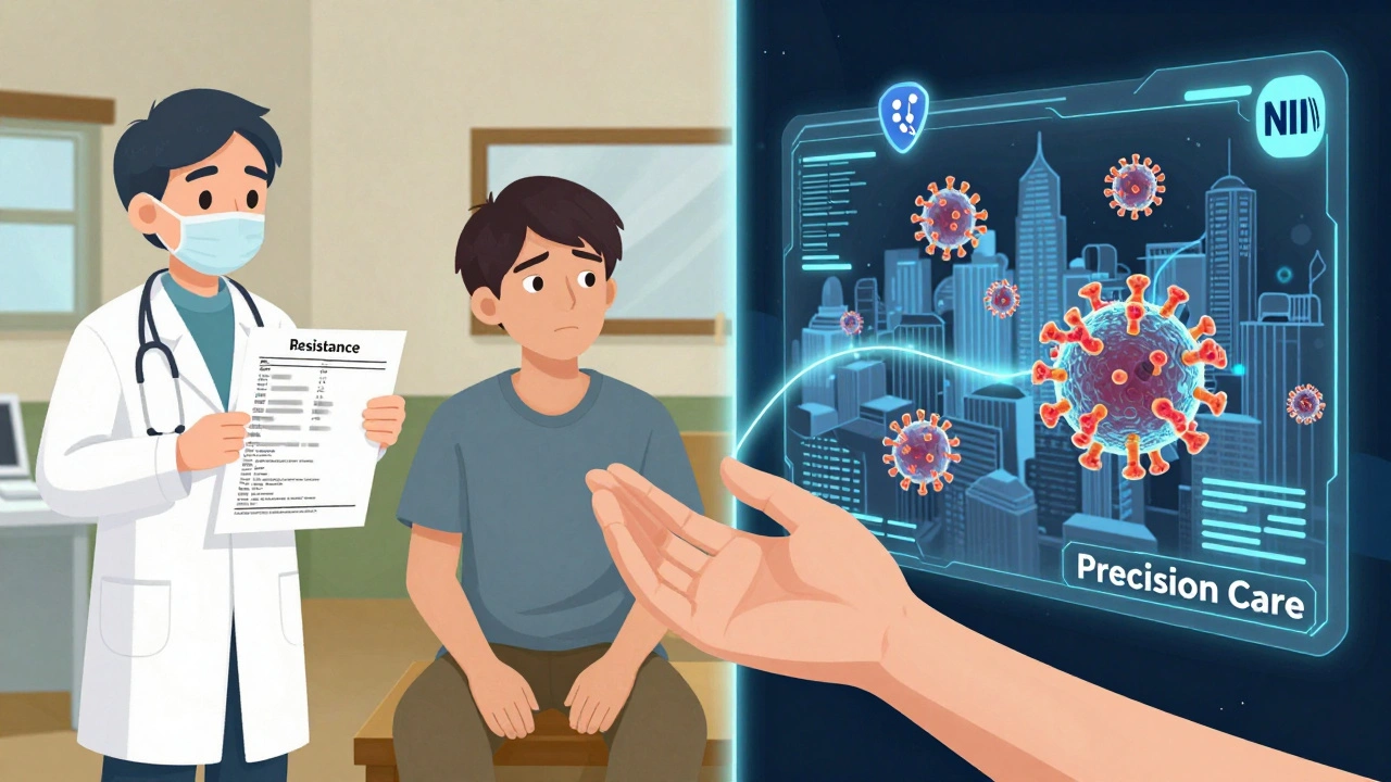 Split scene: rural clinician with unclear test results vs. futuristic AI mapping HIV mutations.
