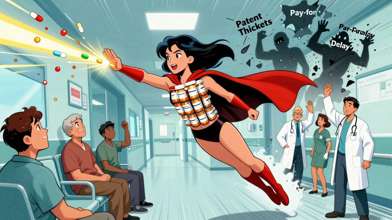 Superheroine Generic Girl transforms brand drugs into savings with glowing rays in a hospital.