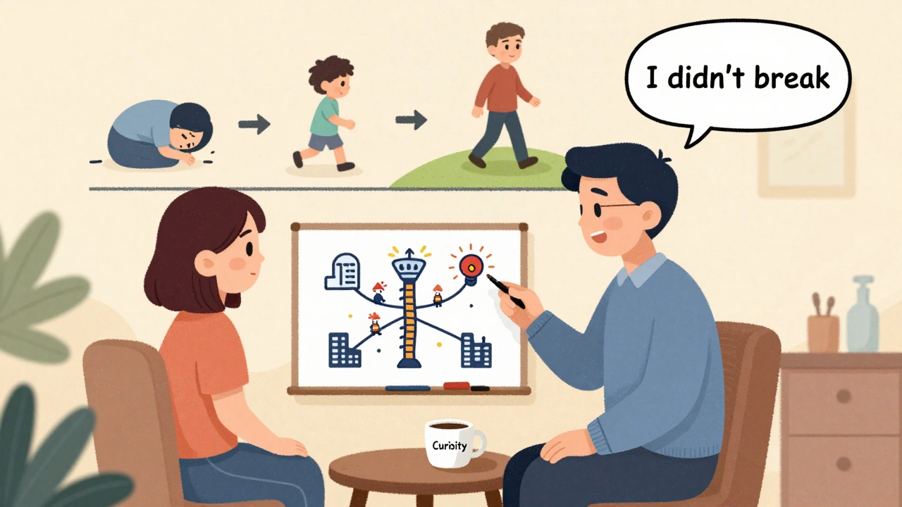 Therapist and patient with a cartoon nervous system on a whiteboard, showing pain as a false alarm.