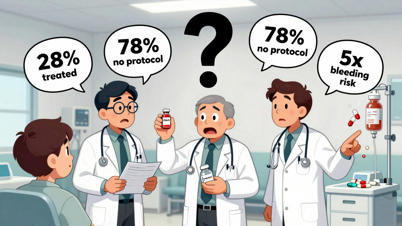 Three doctors arguing over a patient&#039;s anticoagulation chart in an emergency room with floating statistics and medical equipment.