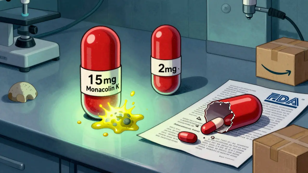 Three red yeast rice capsules on a lab bench, one leaking toxic mold, others showing wildly different potency levels.