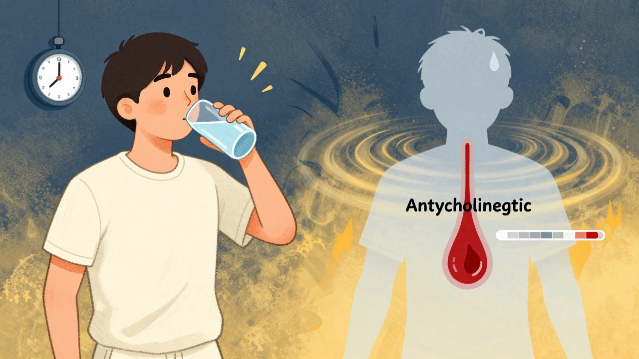 Transparent body showing blocked sweat glands and low fluid levels during heat, in cartoon illustration.