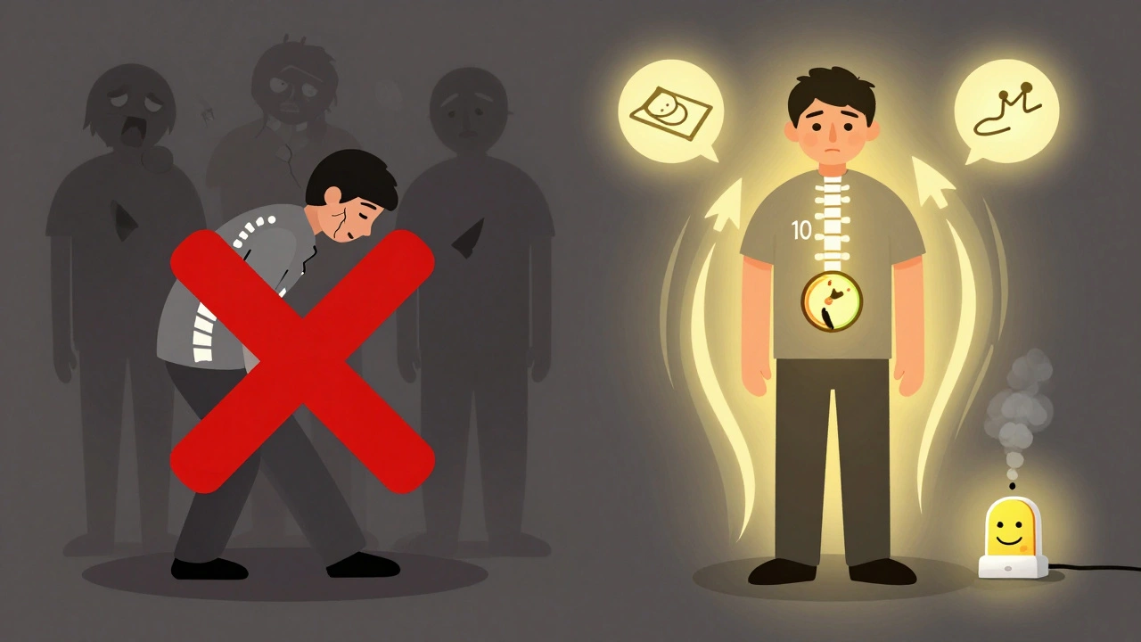 Two sides: one showing fear and immobility, the other calm movement with a turned-down pain volume knob.