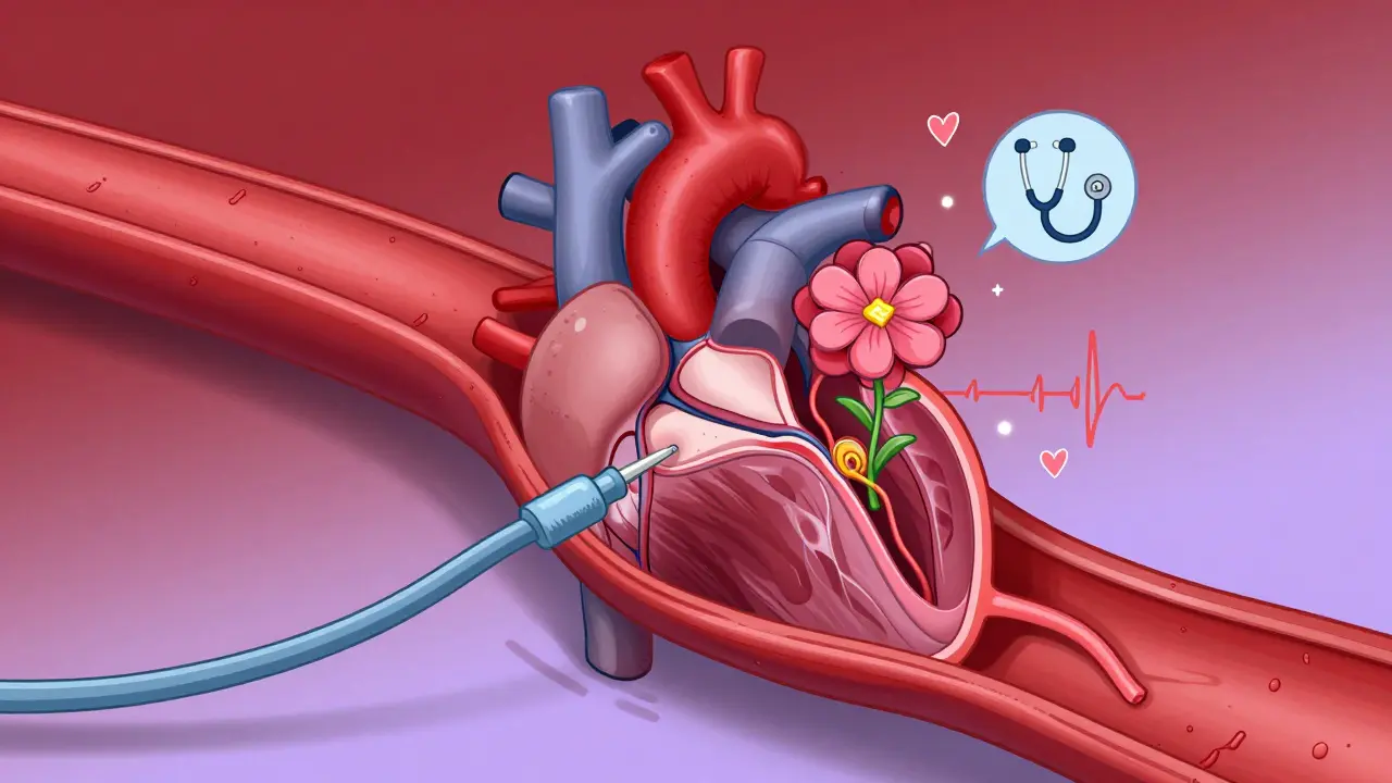 A catheter delivering a new valve into the heart, replacing a calcified one in a colorful, illustrated scene.