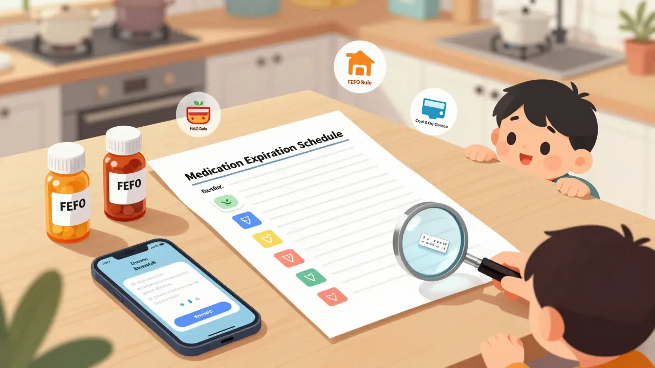 A family kitchen counter with a medication expiration log and smartphone reminder alert