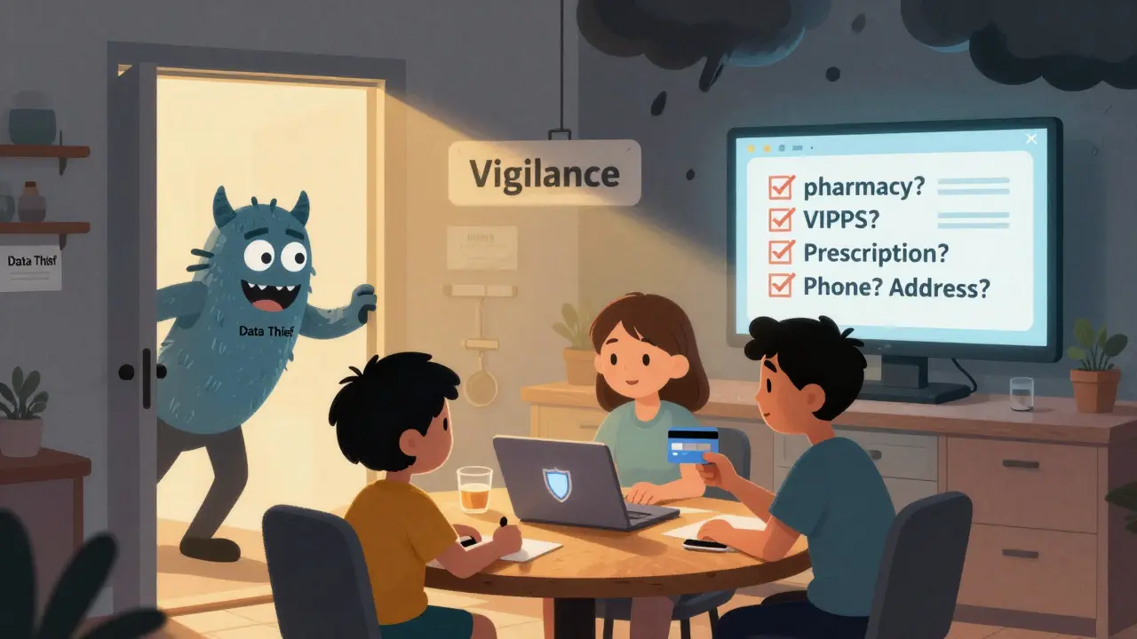 A family using a checklist to verify an online pharmacy, pushing away a data thief monster in a cartoon illustration.