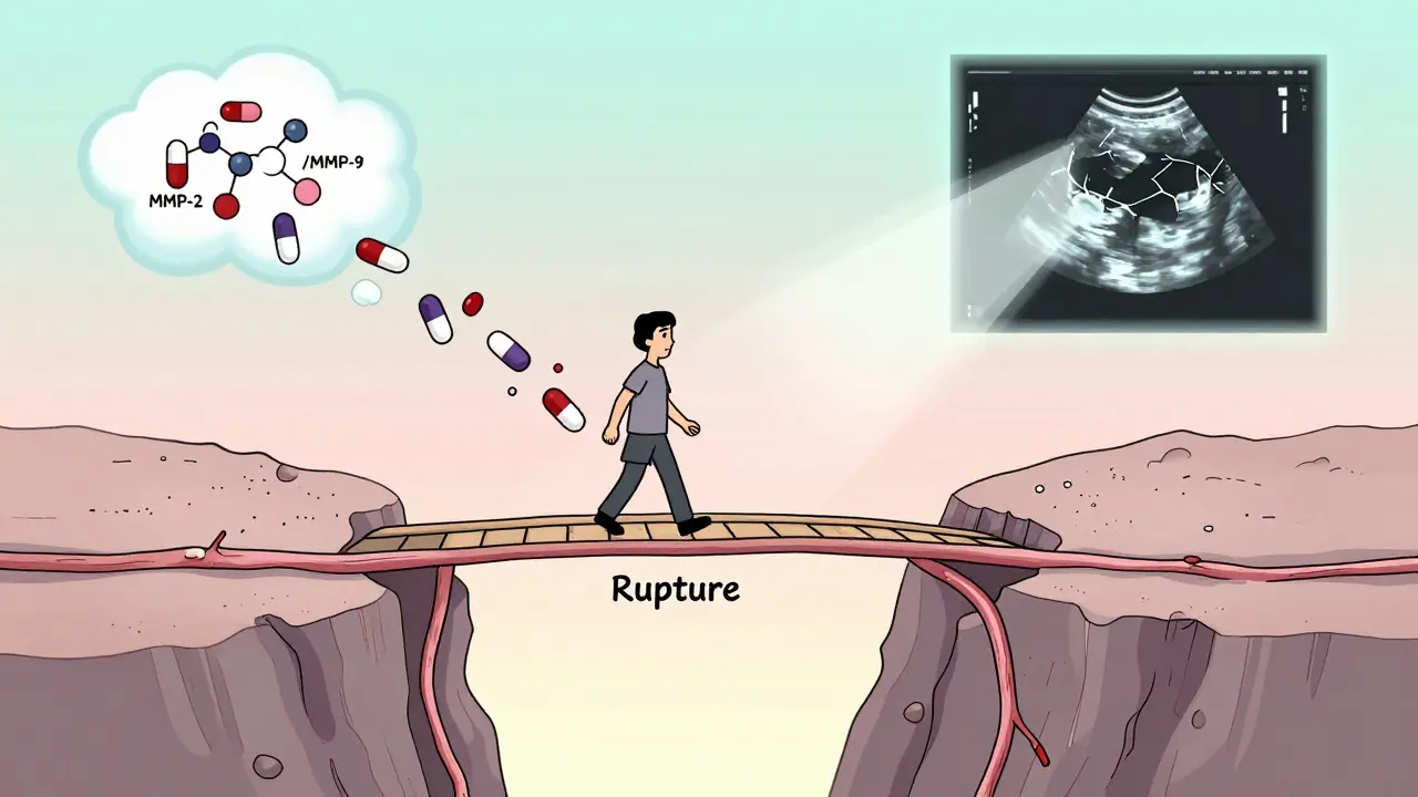 A fragile tendon bridge crumbling under enzyme clouds, with a patient unaware of hidden damage ahead.