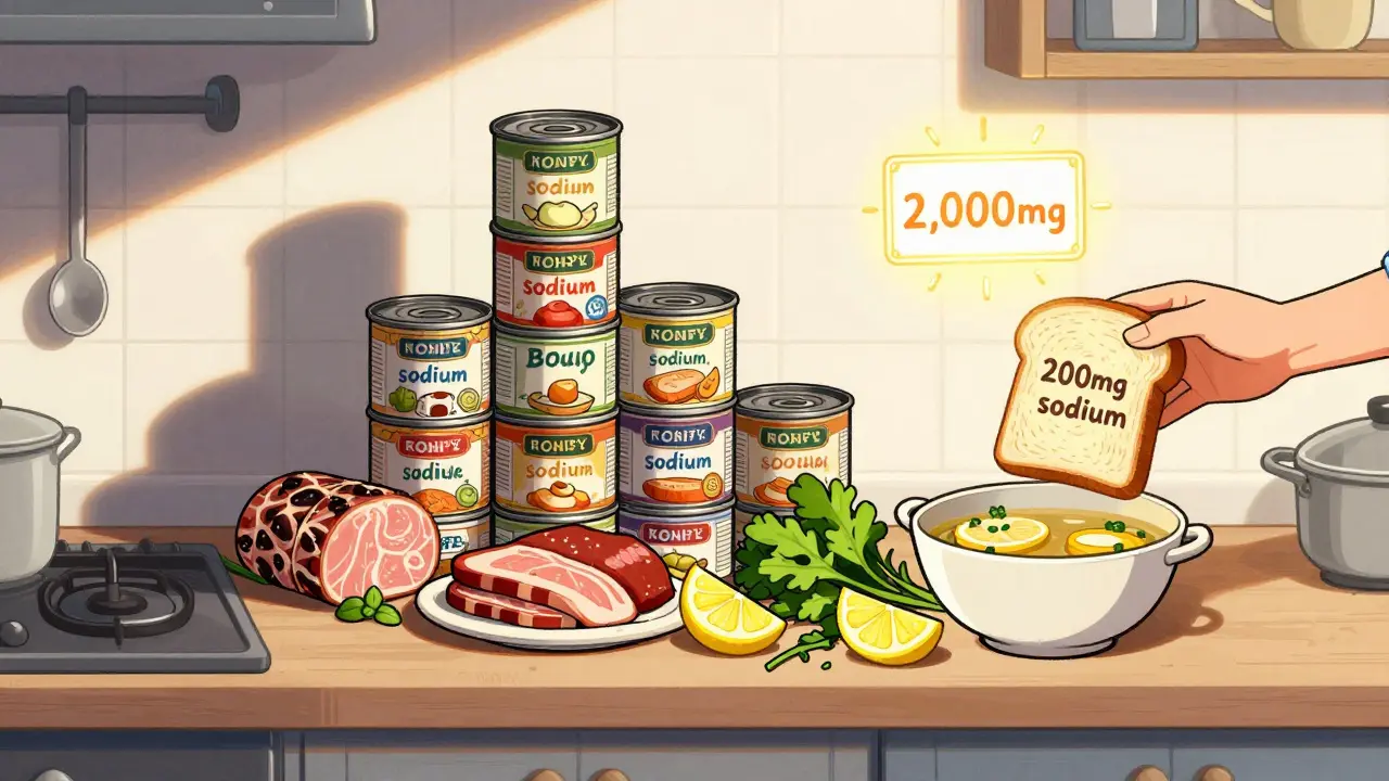 A kitchen scene replacing high-sodium foods with fresh herbs and homemade broth, under a glowing 2,000mg sodium limit sign.
