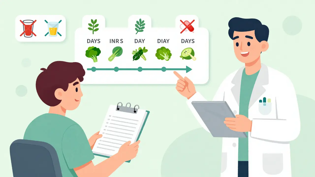 A patient and pharmacist reviewing a food diary with steady INR timeline and avoided triggers.