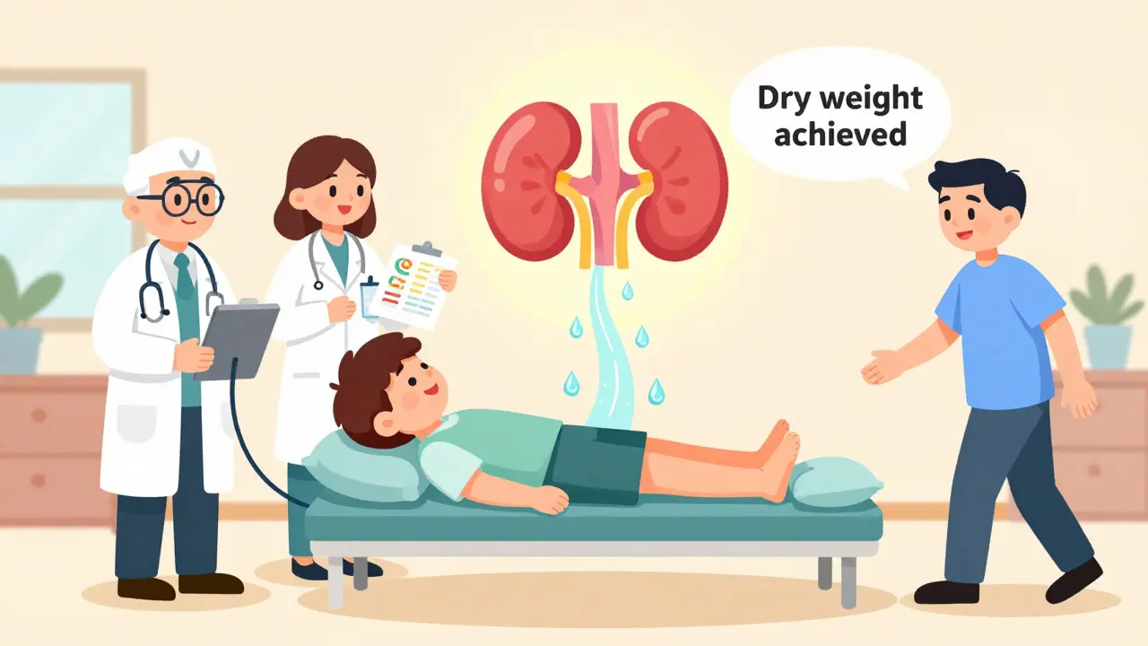 A patient with elevated feet, supported by a medical team, as fluid flows back into healthy kidneys with a 'Dry weight achieved' bubble.