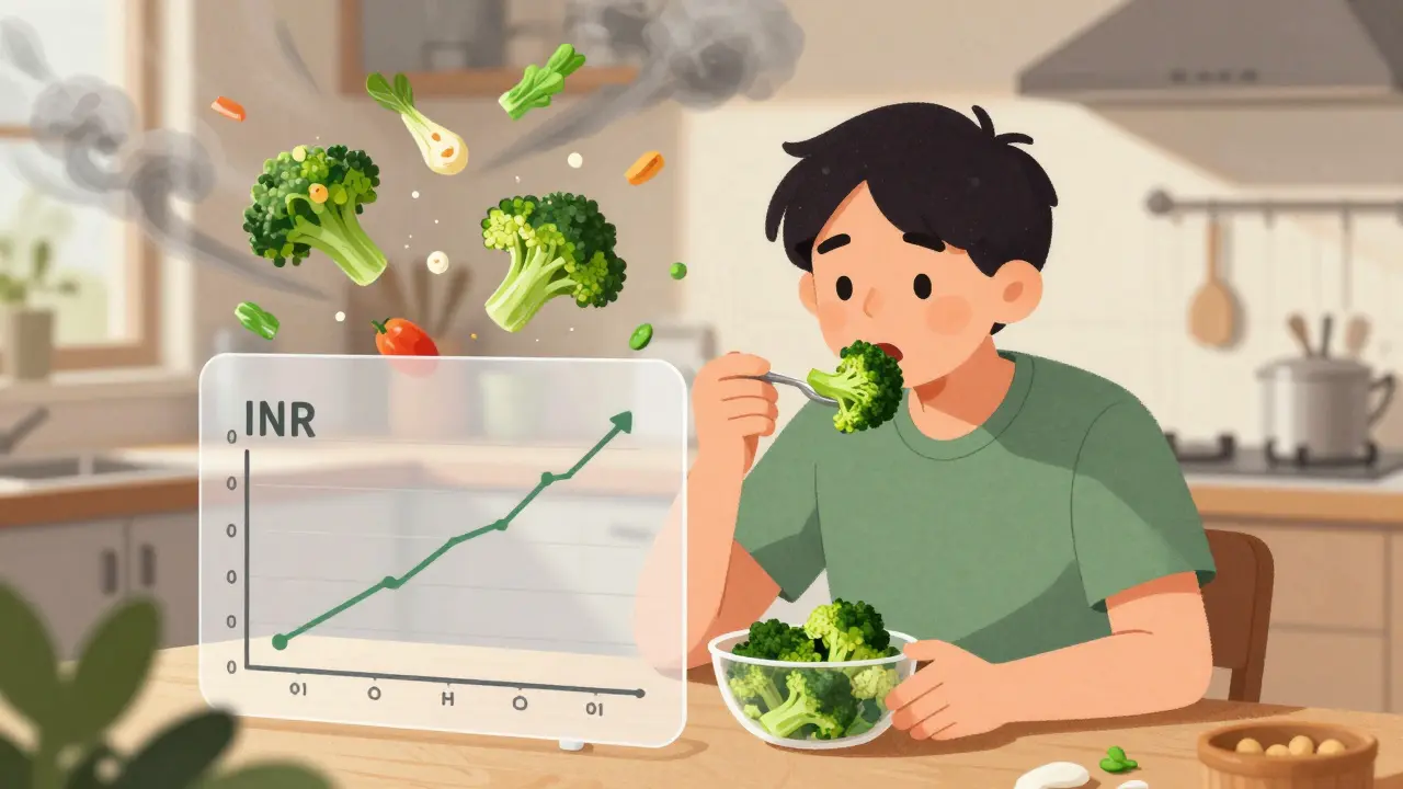 A person eating measured broccoli with a stable INR graph beside them, while chaotic meals float away.